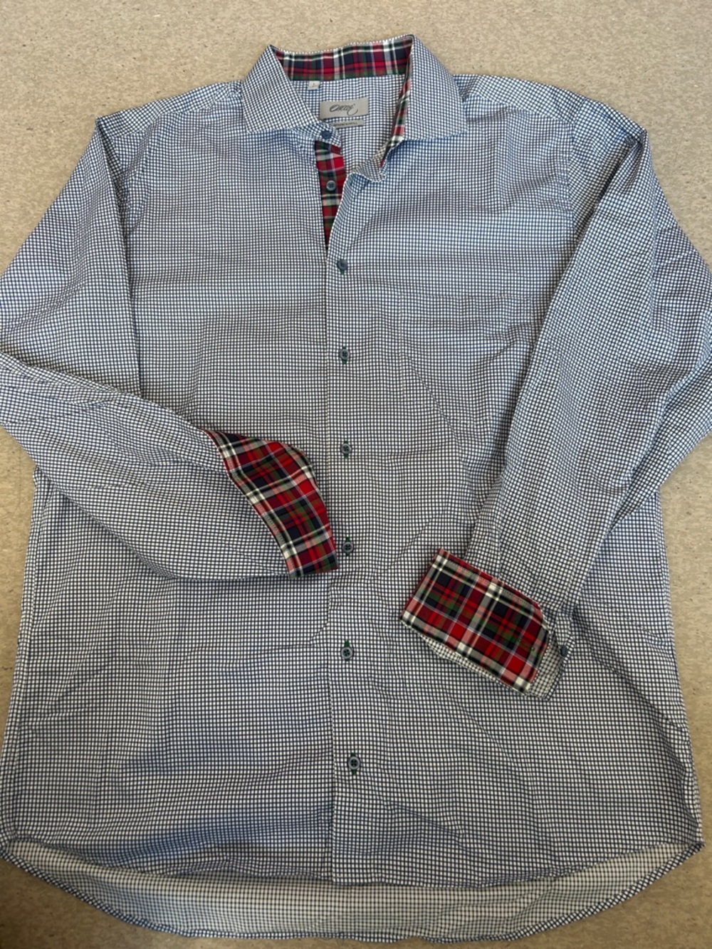 Oscar Men's Micro-Check Button Up Dreas Shirt with Red Tartan Trim size L 42